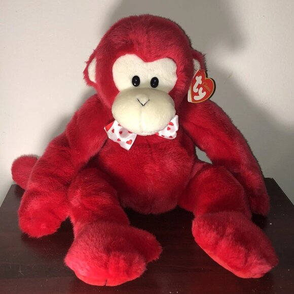 TY Classic Buddy Red Plush Monkey ROMANCER Heart Bow Tie Valentine's Day 16" - Picture 1 of 4